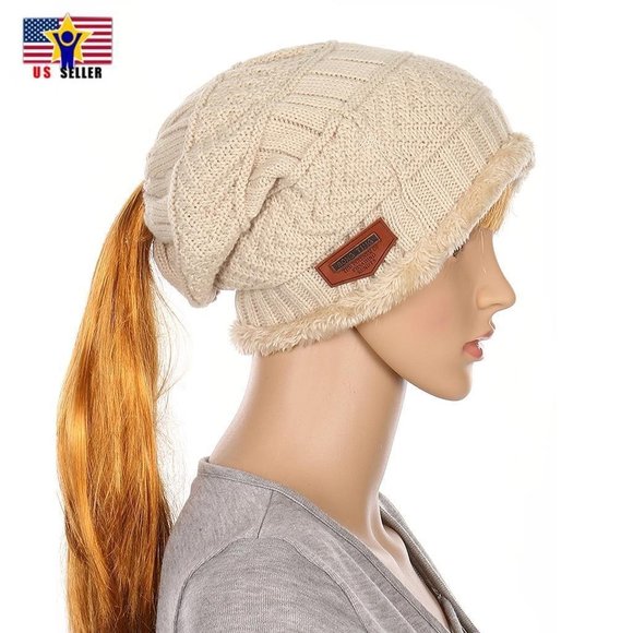 Diona J Accessories - Diona J Women Golf Fur Trim Ponytail Beanie Ski Beige Hat Cap Beanie tail